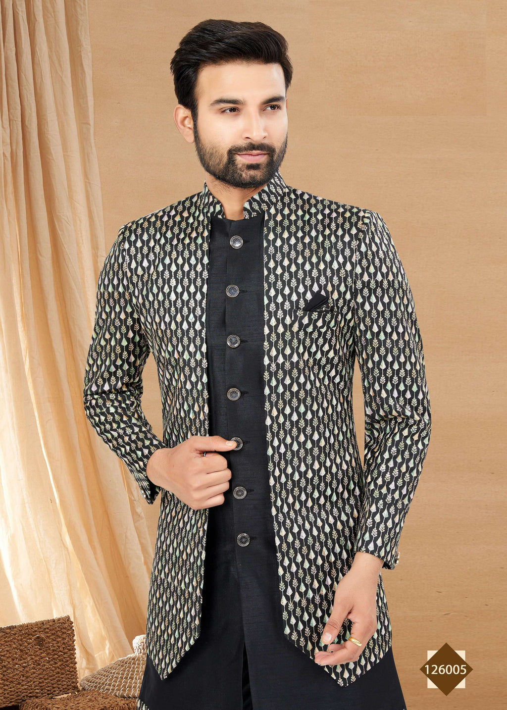 Joban Fashion Men's Black Heavy Art Silk Double Finish Plain Indowestern | Grocsy