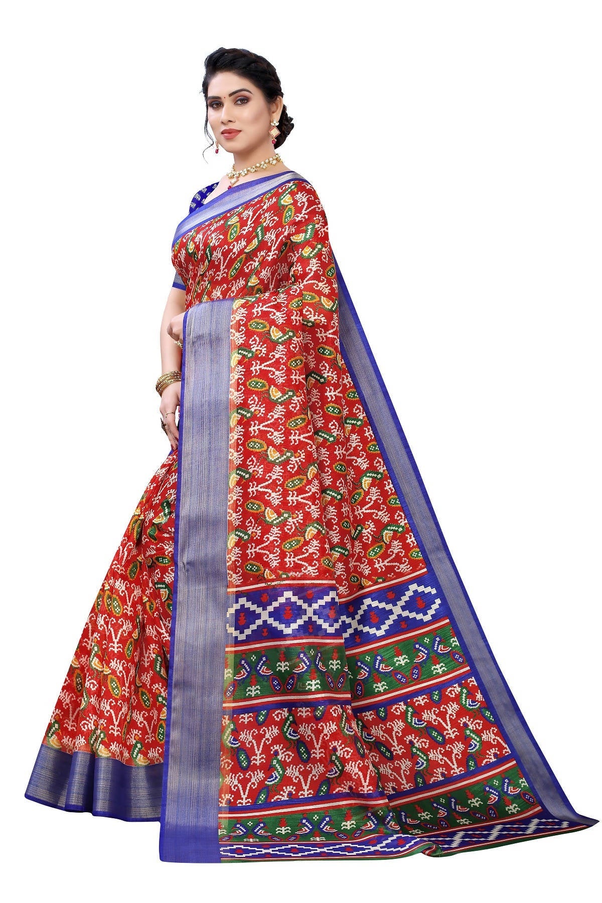Vamika Red and Blue Linen Jari Border Saree Online At Low Price | Grocsy