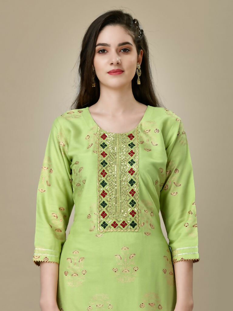 Jyoti Fashion Women's Light Green Rayon Embroidered Kurta Pant Set | Grocsy