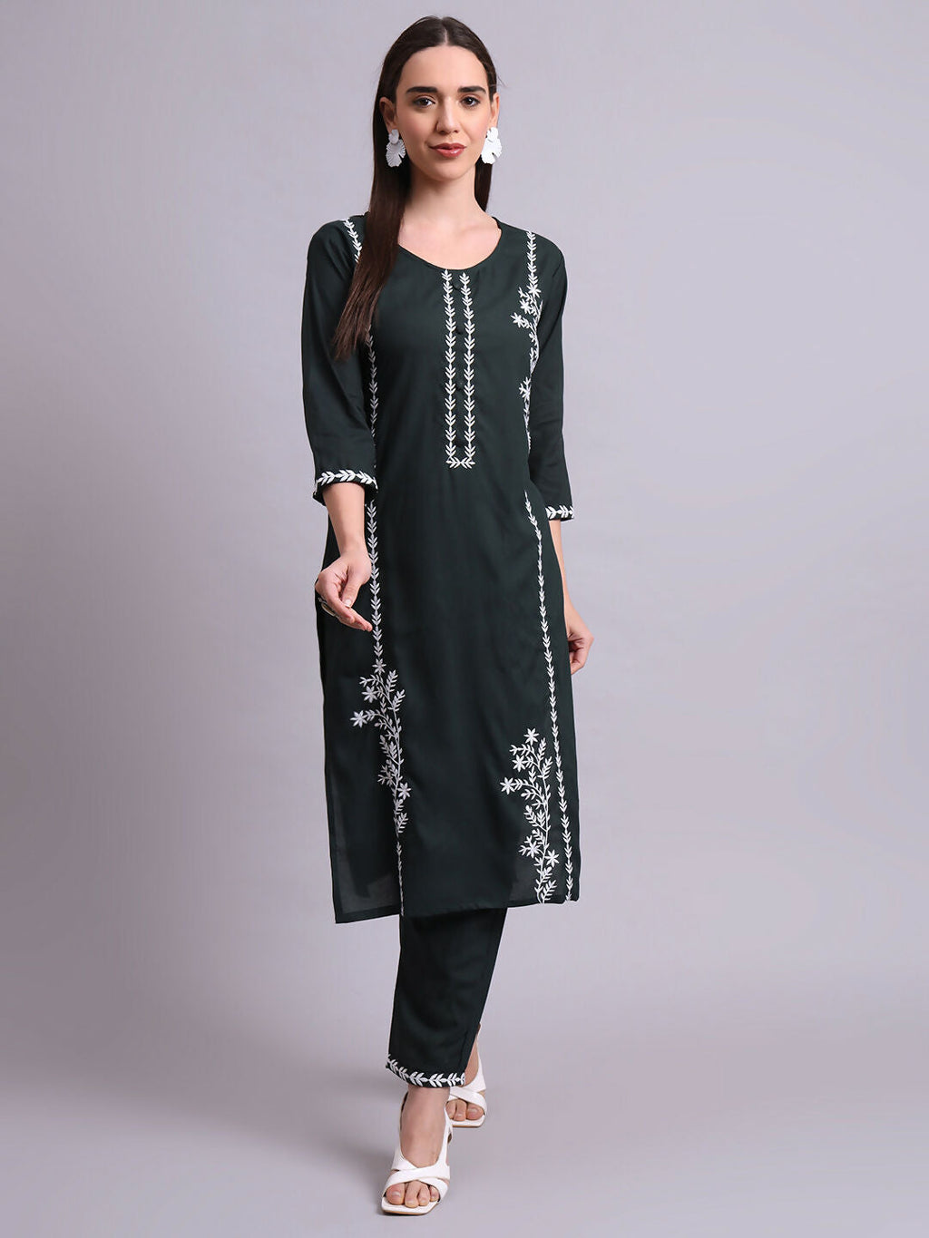 Joban Fashion Green Cotton & Embroidery Work Kurta With Trousers Set | Grocsy