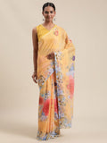 Ahalyaa Women's Mustard Colour Chiffon Digital Print Floral Saree | Grocsy