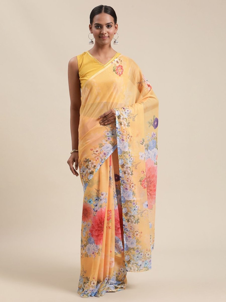 Ahalyaa Women's Mustard Colour Chiffon Digital Print Floral Saree | Grocsy