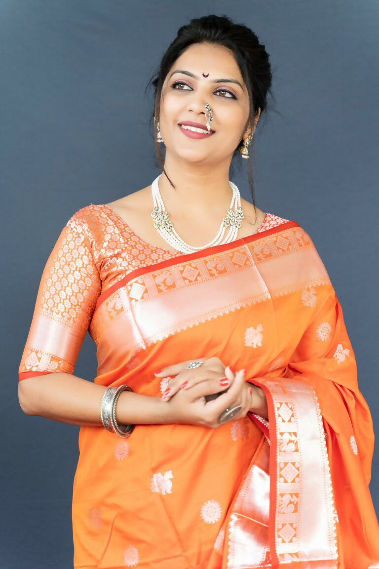 Jyoti Fashion Women's Orange Soft Banarasi Silk Zari Woven Saree with Blouse | Grocsy