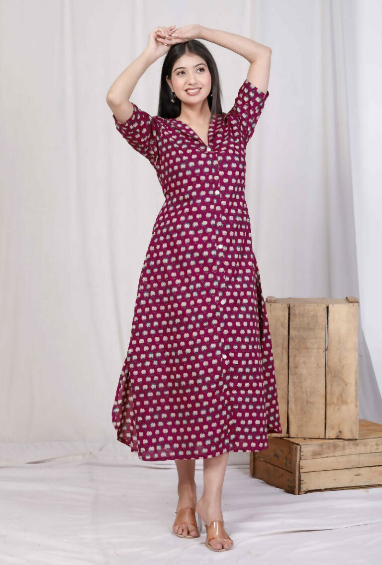 Miravan Women's Relaxed Fit Red Floral Printed A-Line Pure Cotton Midi Dress | Grocsy