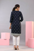 Juniper Women Navy Blue Rayon Printed Knee Length Straight Kurta | Grocsy