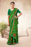 Green Georgette Bandhni Printed Saree With Unstitched Blouse Piece - Shanaya | Grocsy