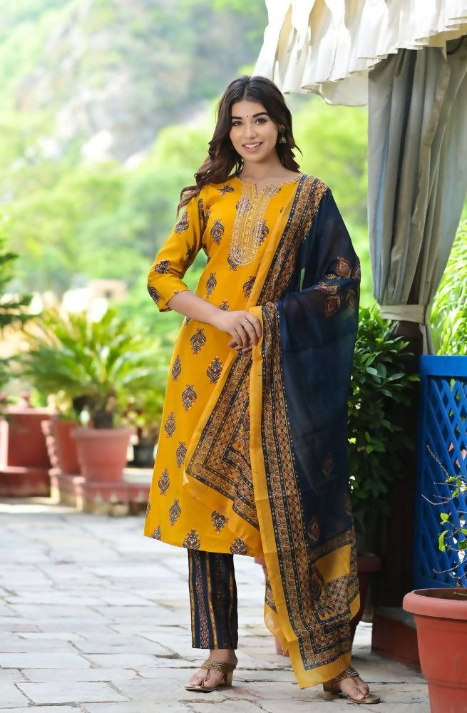 Yufta Women Mustard Yellow & Navy Blue Printed Kurta with Trouser and Dupatta | Grocsy