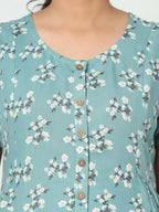 Manet Short Sleeves Maternity Dress Floral Print With Concealed Zipper Nursing Access - Green | Grocsy