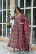 Vastranavya Maroon Pure Cotton Printed Top with Pant & Dupatta Set | Grocsy