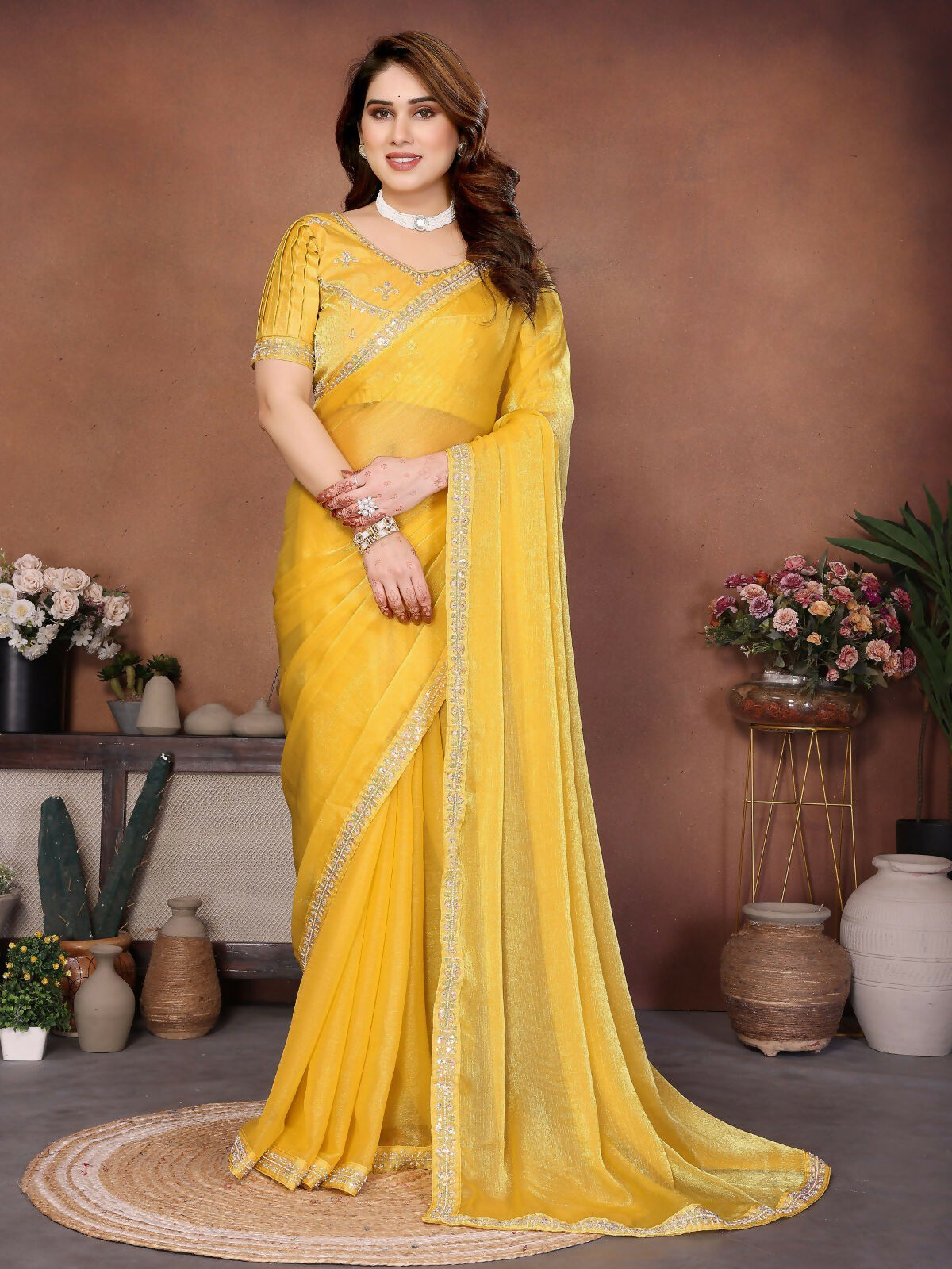 Teeya Creation Trendy Stylish Party Wear Fendy Chiffon Saree-Yellow | Grocsy