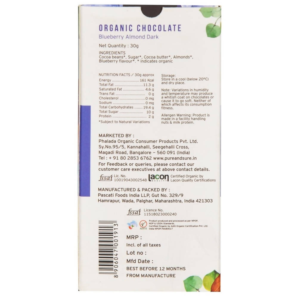 Pure & Sure Organic Chocolate Blueberry Almond Dark | Grocsy