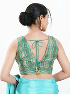 Joban Fashion Green Multi Silk Padded Blouse With V Neck Sleeveless | Grocsy