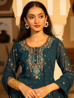 Juniper Women's The Swarn Teal Ethnic Motif Printed Georgette Kurta Pant And Dupatta With Sequins & Zari Work | Grocsy