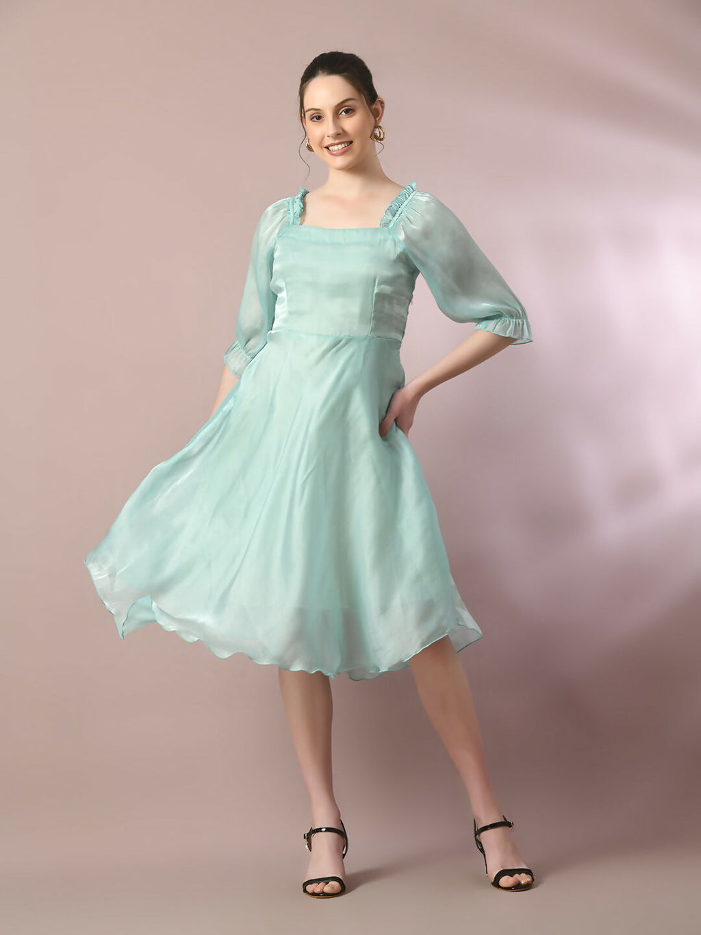 Myshka Women's Sea Green Solid Square Neck Fit and Flare Party Dress | Grocsy