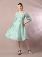 Myshka Women's Sea Green Solid Square Neck Fit and Flare Party Dress | Grocsy