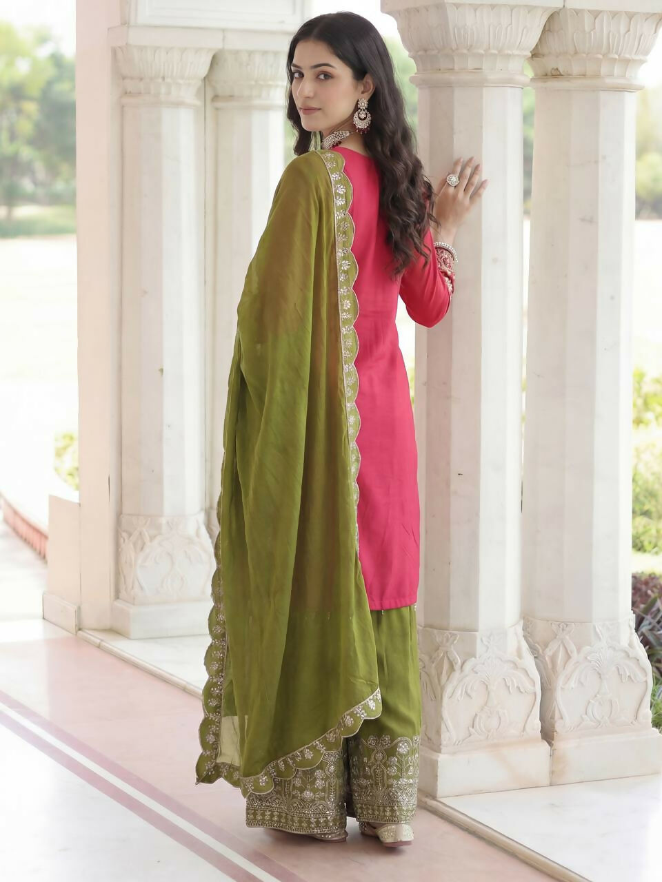 Teeya Creation Rani Chinon Silk Designer Wedding Wear Embroidery Work Palazzo | Grocsy