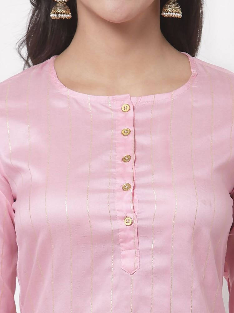 Myshka Women's Cotton 3/4 Sleeve Round Neck Casual Pink Kurta Pant Dupatta Set | Grocsy