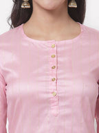 Myshka Women's Cotton 3/4 Sleeve Round Neck Casual Pink Kurta Pant Dupatta Set | Grocsy