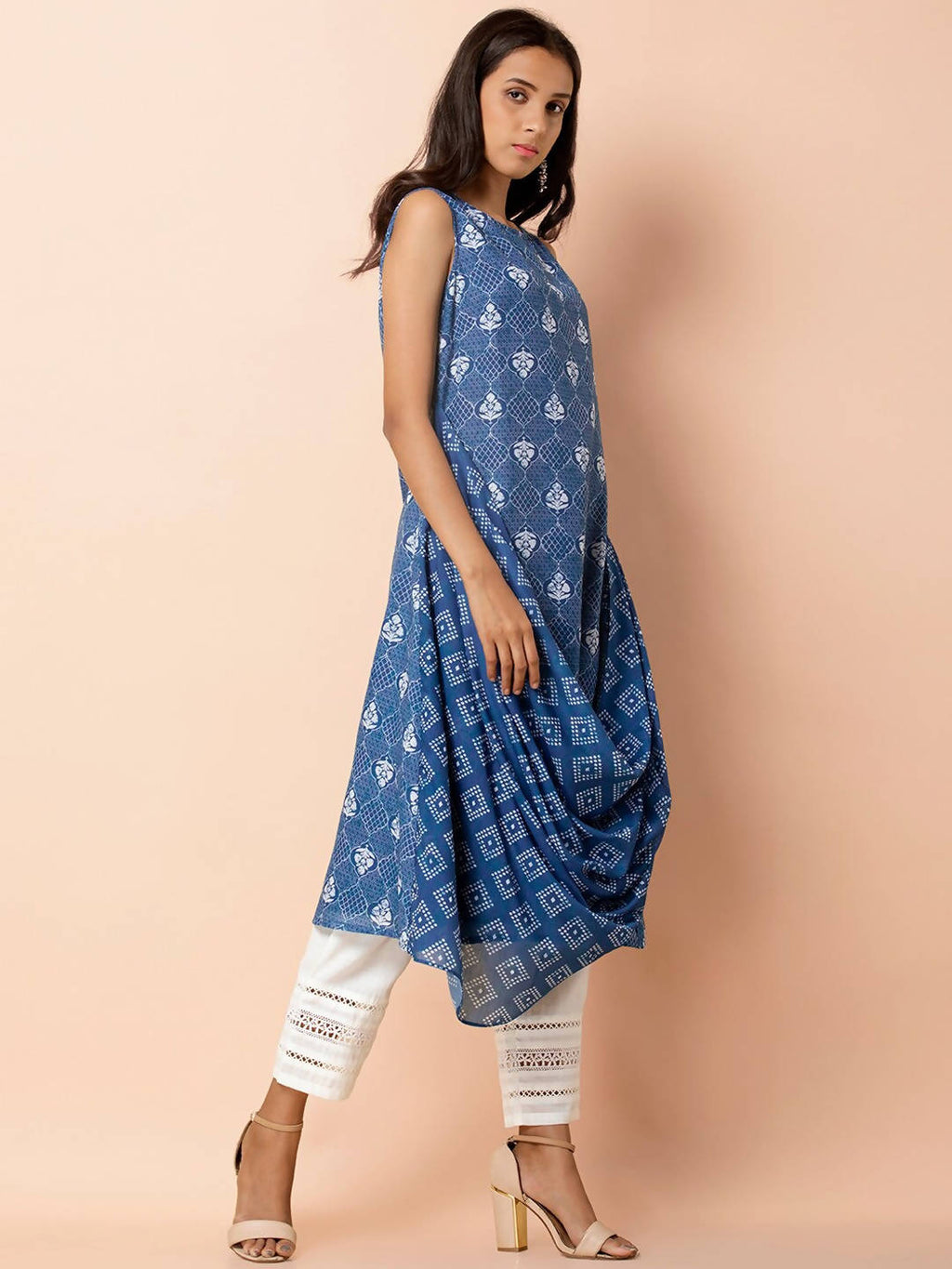 Indya Blue & White Printed A-Line Kurta | Grocsy