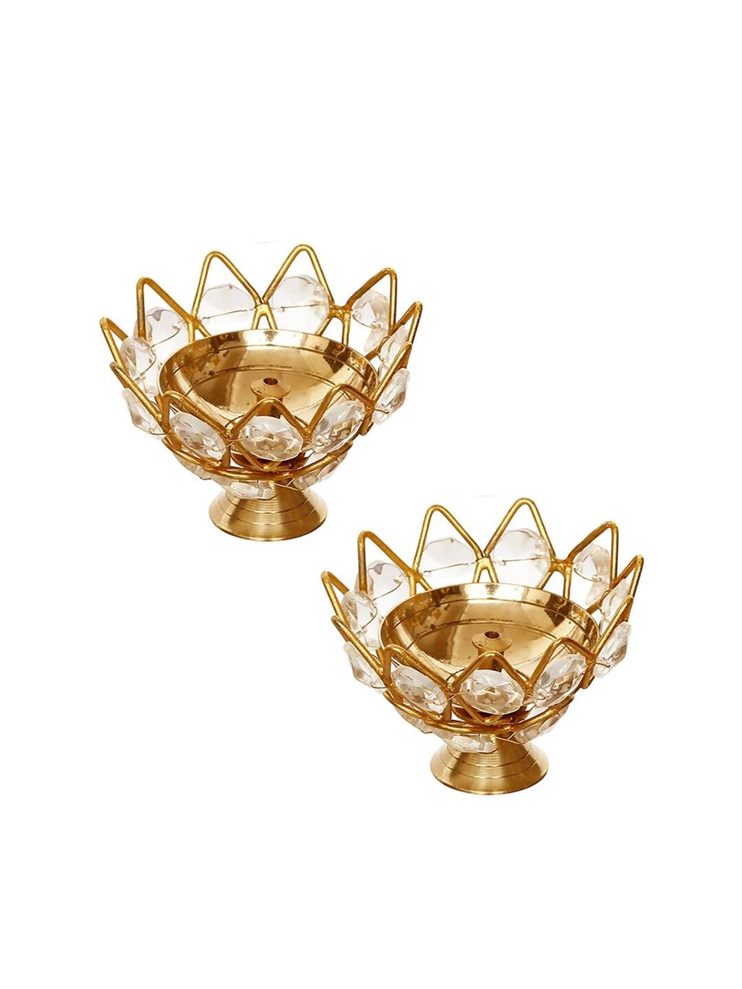 eCraftIndia Gold-Toned 2 Pieces Crystal Lotus Shape Brass Diyas | Grocsy