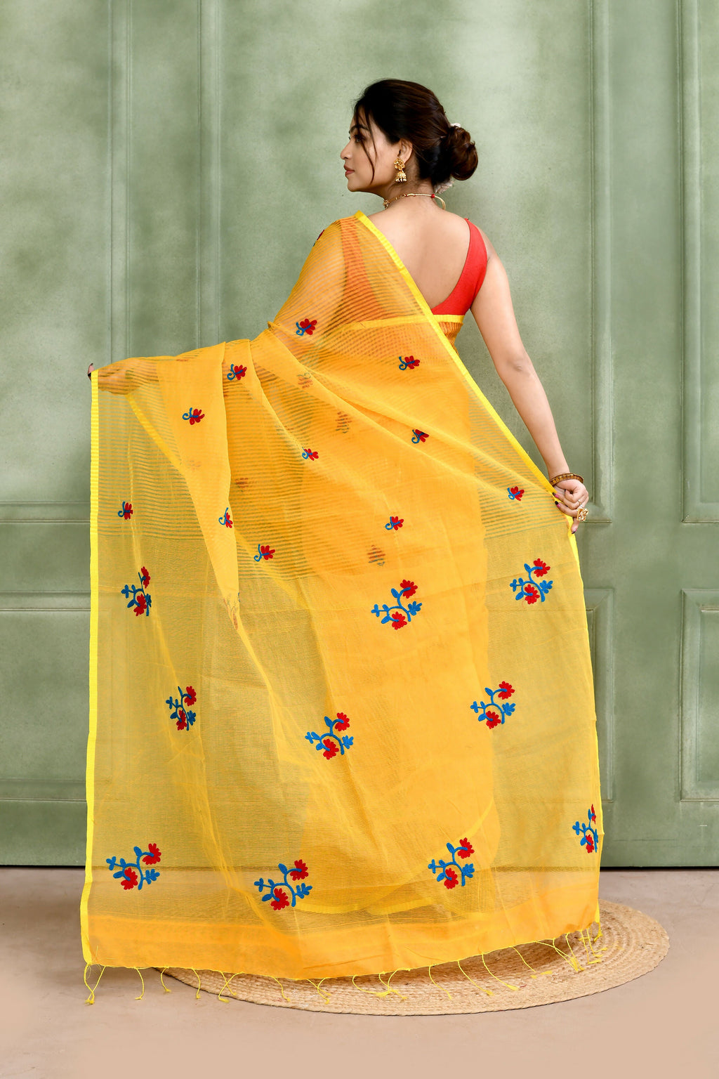Piyari Fashion Women's Yellow Embellished Cotton Blend Embroidery Saree | Grocsy