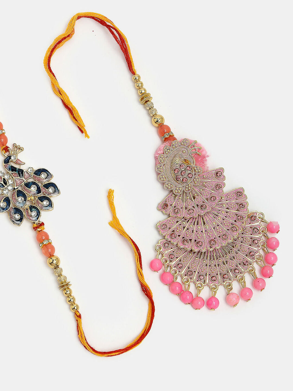 NVR Women & Men Set of 2 Multicolor Peacock Design Stone-Studded & Beaded Bhaiya Bhabhi Rakhi With Roli Chawal | Grocsy