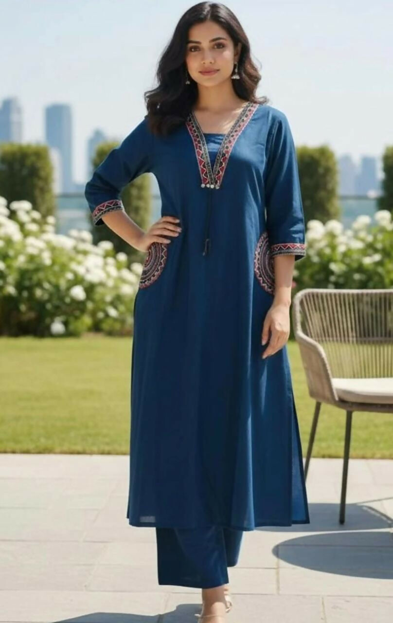 Miravan Womens Blue Straight Kurta With Palazzo Set | Grocsy