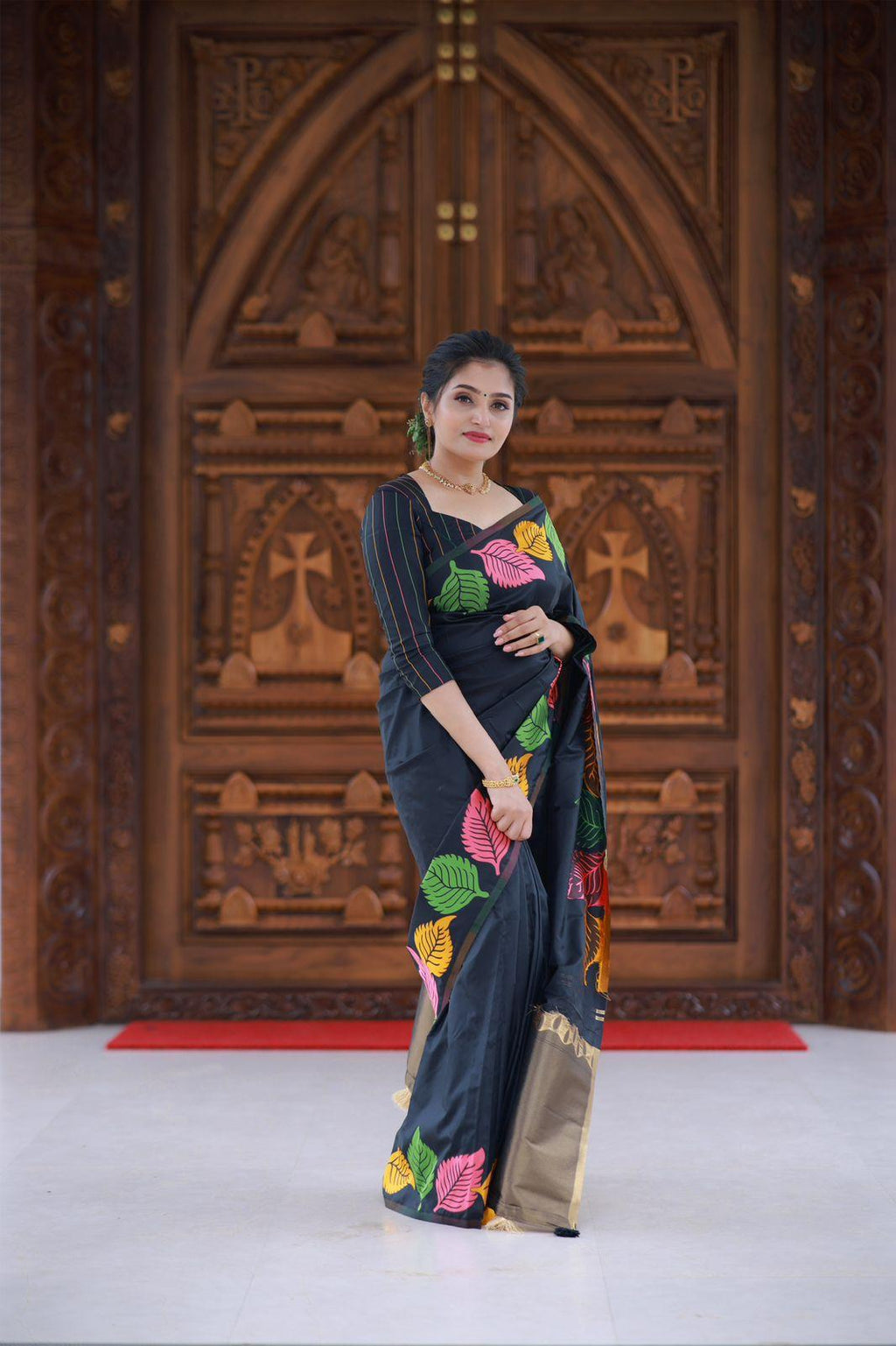 Black Pure Silk Woven Design Saree with Unstitched Blouse - A2M | Grocsy