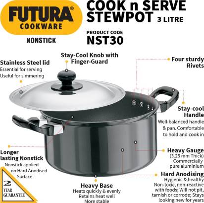 Hawkins Futura Non-stick Cook n Serve Stewpot 20 cm Diameter 3 L with Lid (NST30) | Grocsy