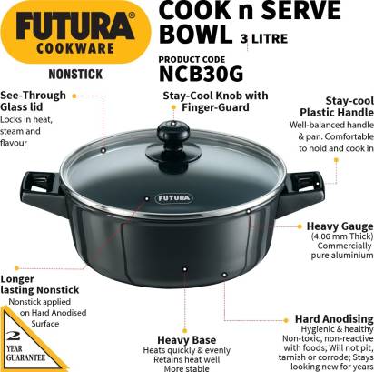 Hawkins Futura Non-stick Cook-n-Serve Bowl with Glass Lid 23 cm Diameter 3 L (NCB30G) | Grocsy