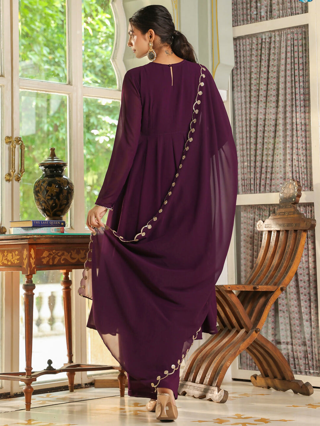 Janasya Purple Georgette Embroidered Kurta,Bottom & Dupatta | Grocsy