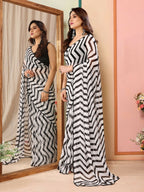 Partywear Designer Black & White Georgette Fancy Saree - Satrangi | Grocsy