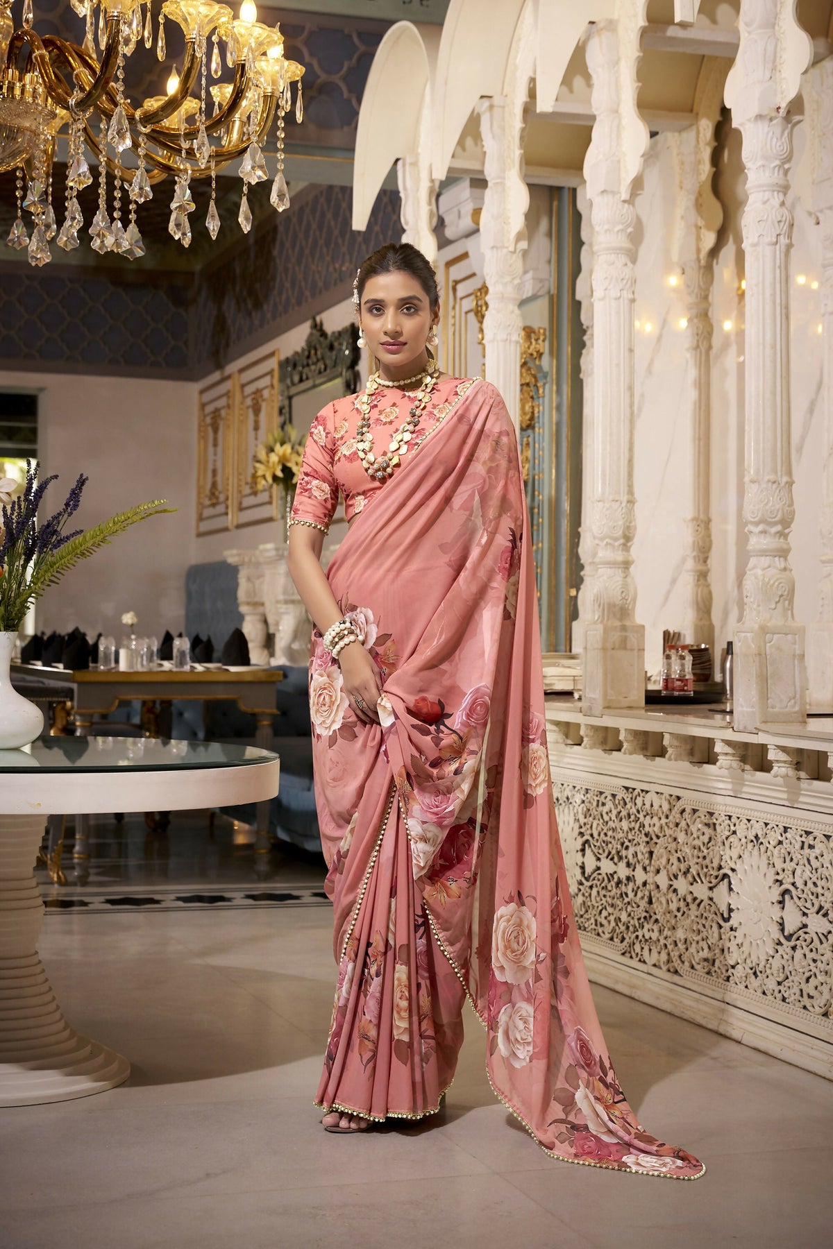 Vastranavya Orange Spectacular Georgette Printed with Pearl Lace Saree with Unstitched Blouse | Grocsy