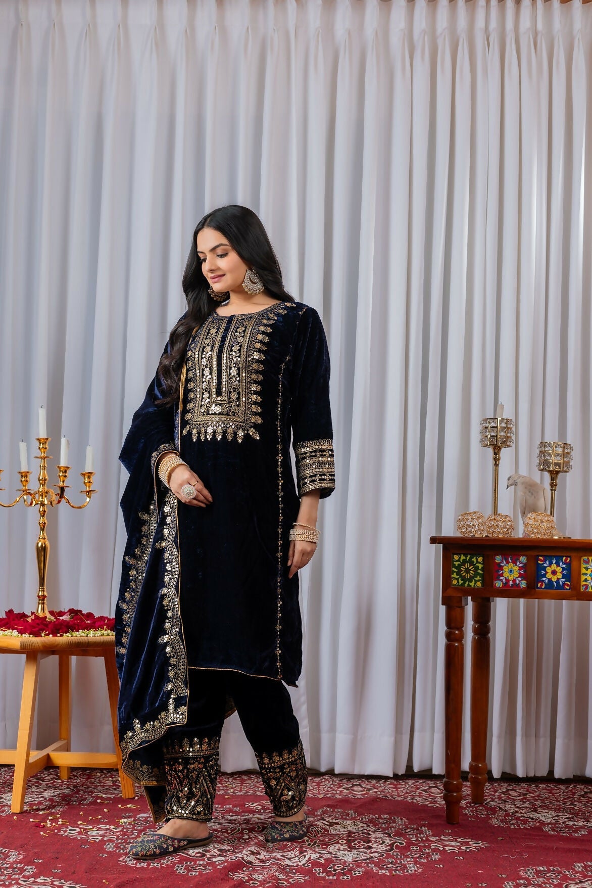 Joban Fashion Navy Blue Velvet Sequence Embroidery Work Kurta Set | Grocsy