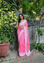 Vamsee Palak Saavi Pink Organza Saree | Grocsy