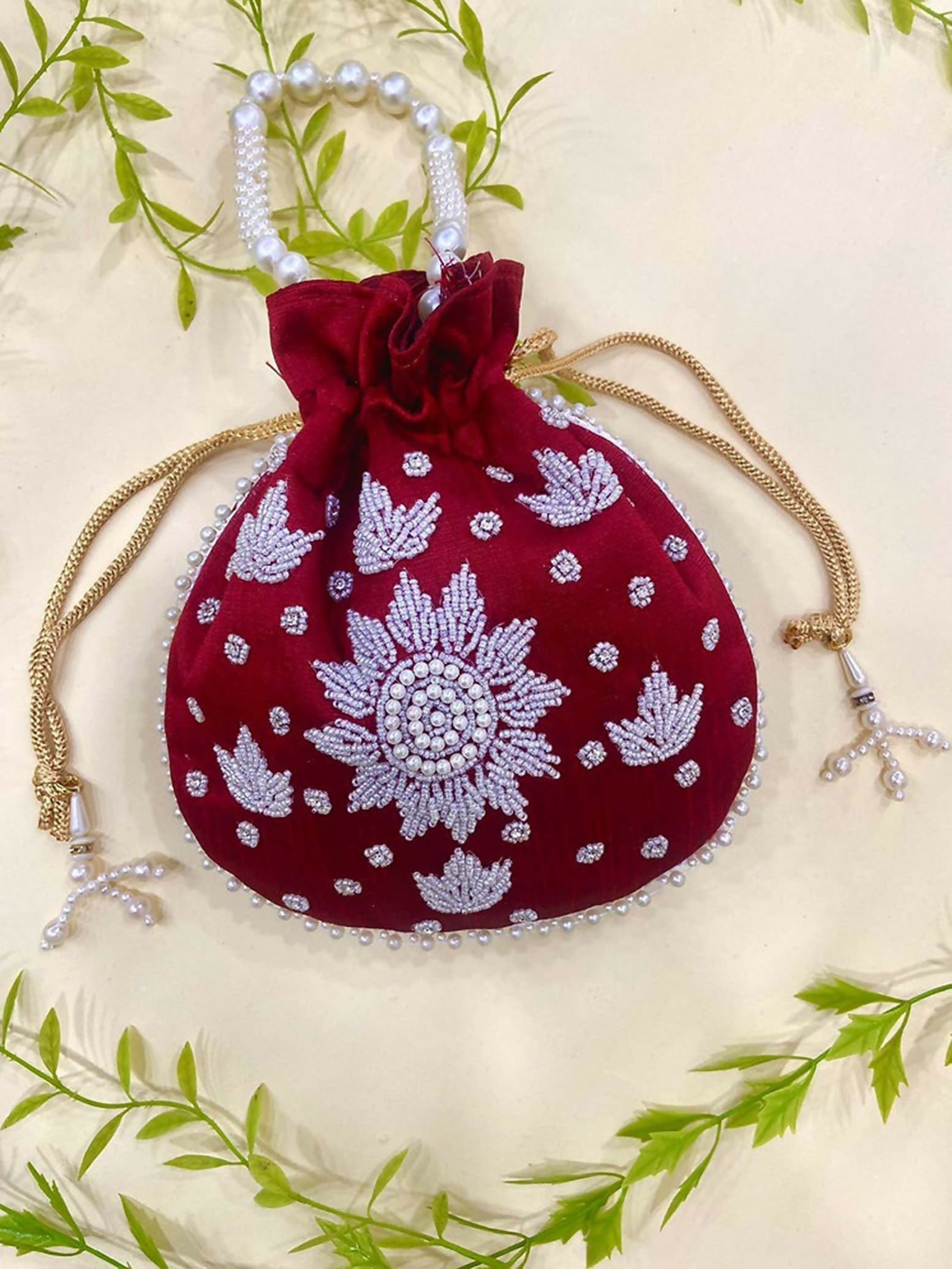 Joban Fashion Pearl Hand Work Potli Bag - Maroon | Grocsy