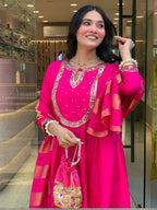 The52 Rani Women's Gorgeous Embroidered Work Chanderi Fabric Flared Kurta Pant and Dupatta Set | Grocsy