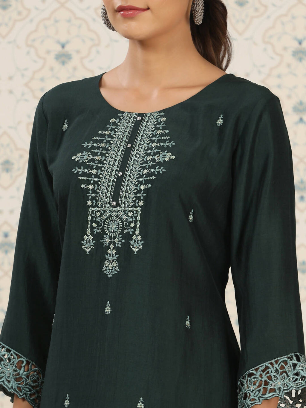 Dark Green Chinon Embroidered Straight Top - Zeny | Grocsy