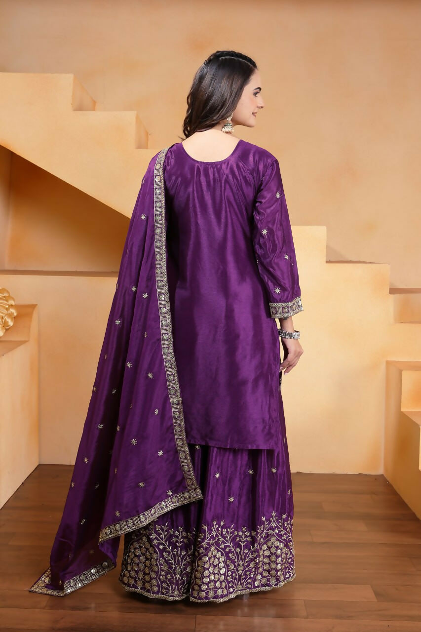 Teeya Creation Purple Chinon Embroidery Work Party Wear Palazzo Suit | Grocsy
