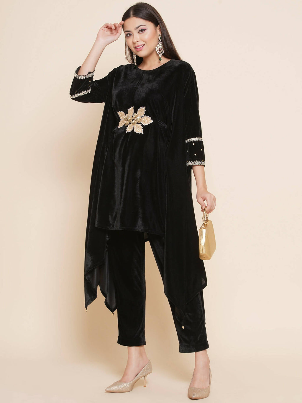Women Republic Black Velvet Kaftaan Style Kurta With Pants | Grocsy