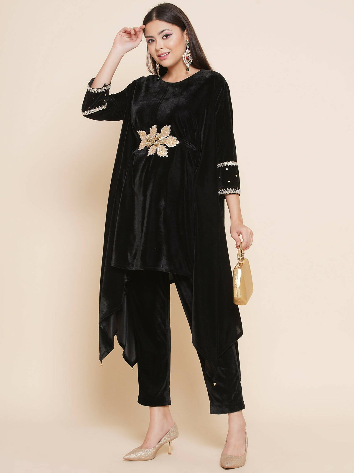 Women Republic Black Velvet Kaftaan Style Kurta With Pants | Grocsy