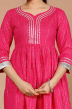 Miravan Women's Pink Printed A-Line Gotta Patti Lurex Cotton Kurti With Sharara | Grocsy