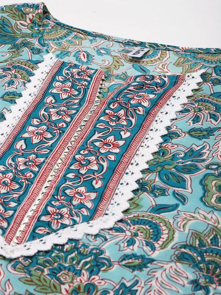 Yufta Green Hand Block Printed Kurta with Trouser and Dupatta | Grocsy