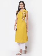 Myshka Women's Rayon Printed 3/4 Sleeve Round Neck Casual Yellow Dress | Grocsy