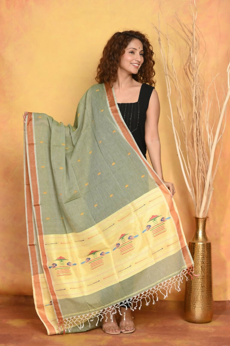 Very Much Indian Handloom Pure Cotton Paithani Dupatta - Green | Grocsy