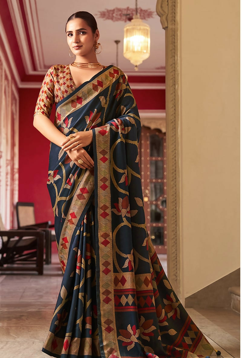Monjolika Fashion Silk Blend Navy Blue Printed Saree | Grocsy