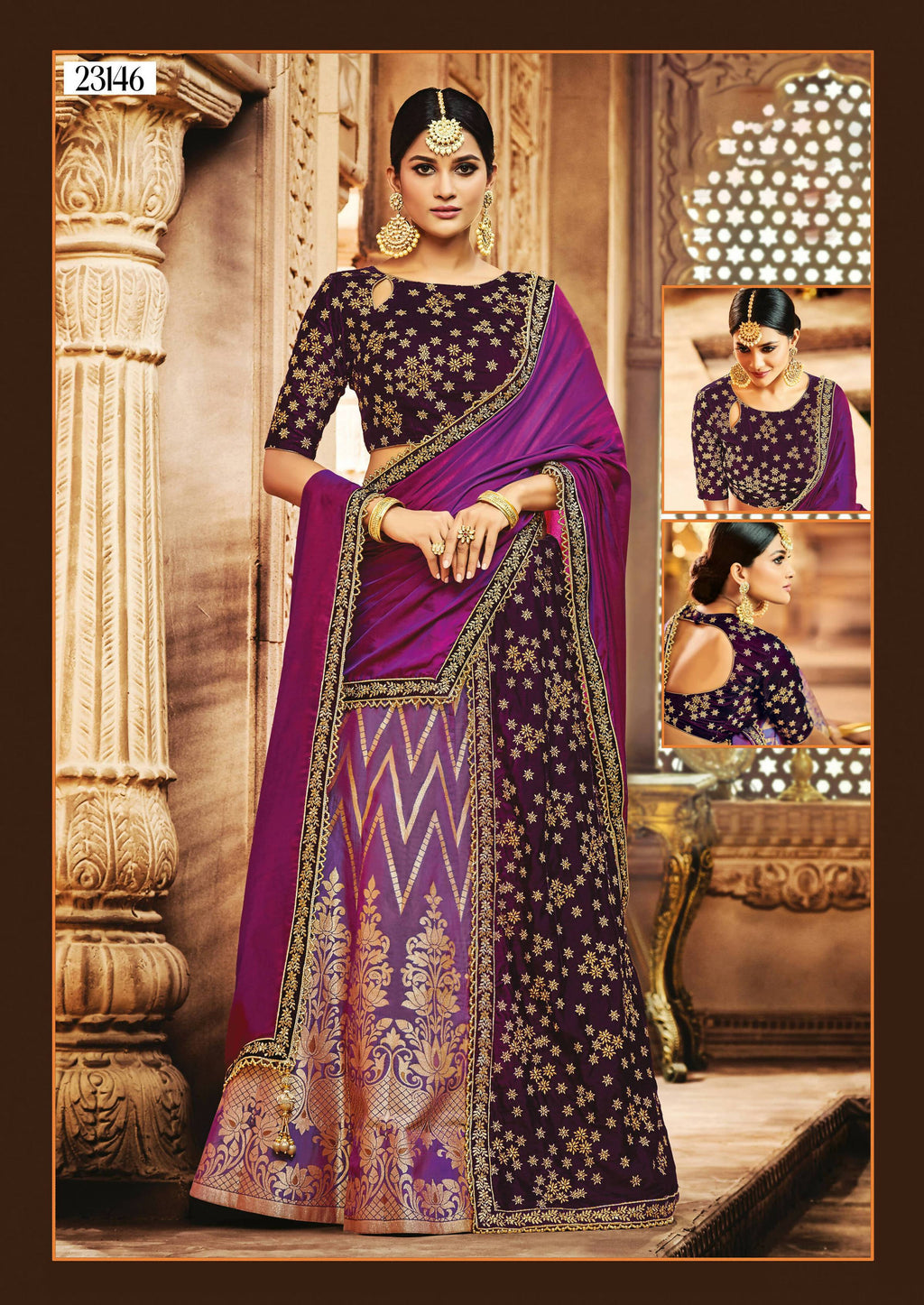 Purple Jacquard Silk, Velvet Zari Embroidery Semi-Stitched Lehenga Saree - Mohmanthan Dezzy | Grocsy