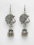 NVR Women's Silver-Toned Peacock Desing German Silver Oxidised Dome Shaped Jhumka Earrings | Grocsy
