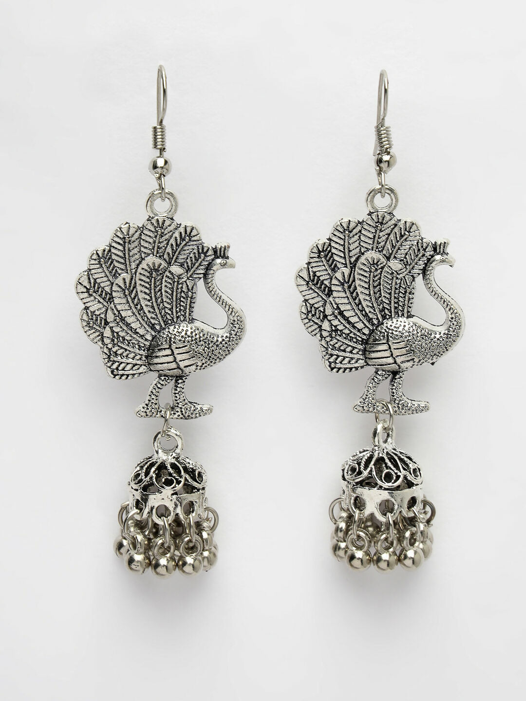NVR Women's Silver-Toned Peacock Desing German Silver Oxidised Dome Shaped Jhumka Earrings | Grocsy
