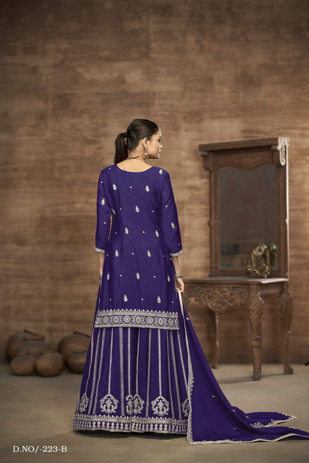 Anaita Blue Chinon Silk Embroidered Stitched Sharara Suit | Grocsy